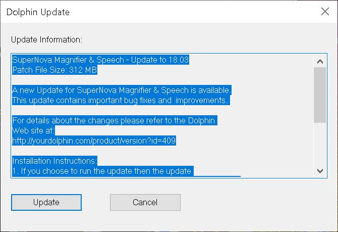 Panneau de gestion de la mise à jour du logiciel d'agrandissement SuperNova