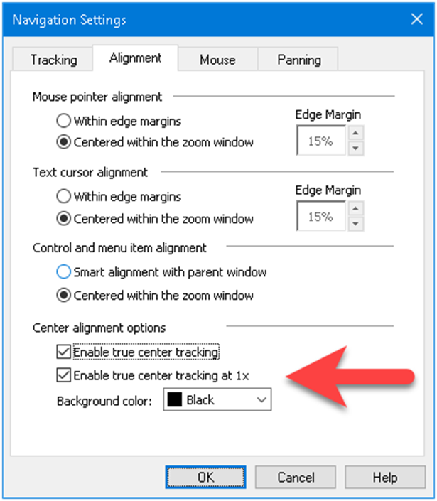 L'onglet Alignement avec le pointeur de la souris, le curseur dans le texte, les commandes et les options de menu et les réglages d'alignement central. Une flèche rouge montre l'emplacement des options d'alignement central.