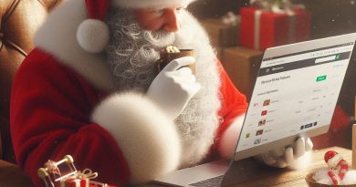 Père-Noël moderne qui passe une commande en ligne