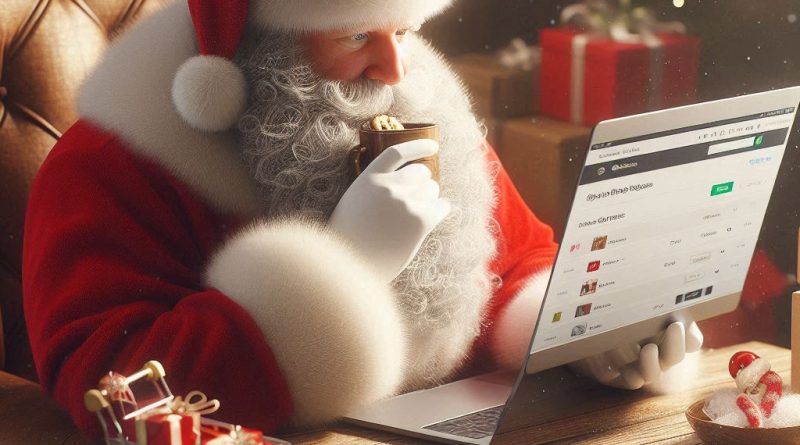 Père-Noël moderne qui passe une commande en ligne