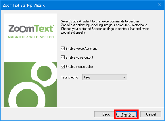 La nouvelle page des paramètres vocaux dans l'Assistant de démarrage de ZoomText.