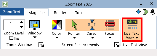 L'onglet Grossissement de la barre d'outils de ZoomText avec le curseur sur le bouton Affichage en direct .