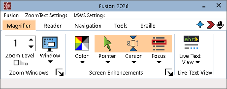 La barre d'outils comprend également l'accès aux menus Fusion, ZoomText et JAWS pour une configuration et une personnalisation plus avancées.